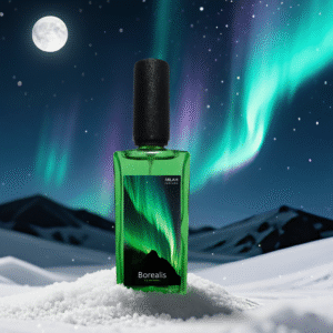 Botella de perfume Unisex Borealis de Milah Parfums, fragancia cítrica y fresca para todos.