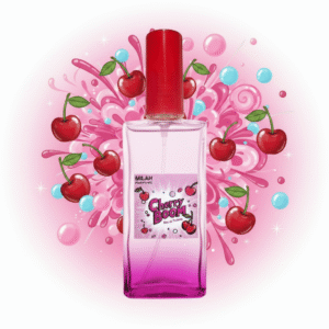 Fragancia Cherry Boom con notas dulces y chispeantes de chicle, cereza y vainilla, divertida y juvenil.