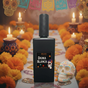 Botella de perfume Dama Blanca de Milah Parfums, fragancia floral y dulce para dama.