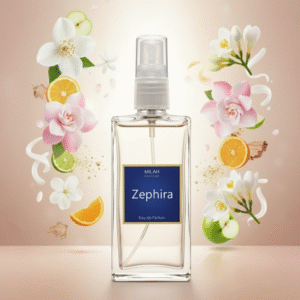 Botella de perfume Zephira de Milah Parfums, fragancia femenina con notas de manzana verde, jazmín y almizcle.
