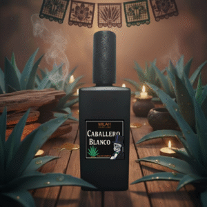 Botella de perfume Caballero Blanco de Milah Parfums, fragancia herbal y amaderada para caballero.