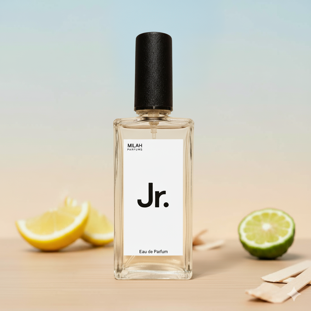 Botella del perfume JR, fragancia masculina juvenil y moderna de Milah Parfums.